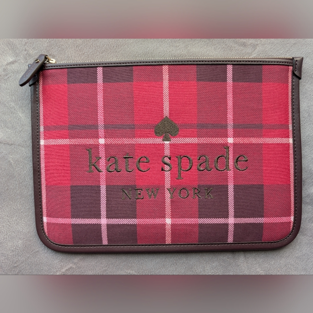 NWT Authentic Kate Spade Hand Made Red Plaid Clutch With Leather Trim